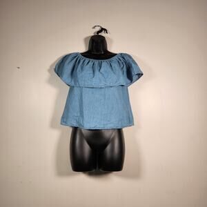 CHARLOTTE RUSSE Crop Top Womens M Blue Chambray Peasant Milkmaid Boho Ruffle